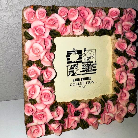 Hand Painted Pink Rose Resin Picture Frame | Shabby Cottage Floral Vintage Decor - Picture 1 of 9
